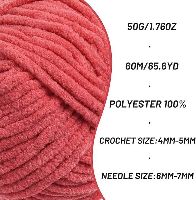 2 Pack Fluffy Velvet Yarn for Crocheting，Baby Blanket Yarn for Crocheting Soft，100g(131yds) Amigurumi Yarns，Plush Chenille Crochet Yarns，Puzzle Yarn for Crochet Weaving Craft(2 Watermelon Red)