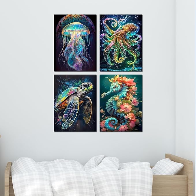 4 Pack Stamped Cross Stitch Kits for Adults - Cross Stitch Kits for Beginners,11 CT Ocean Animal Cross Stitch Patterns Dimensions DIY Counted Cross Stitch Kits for Adults Arts Craft 12x16 inch