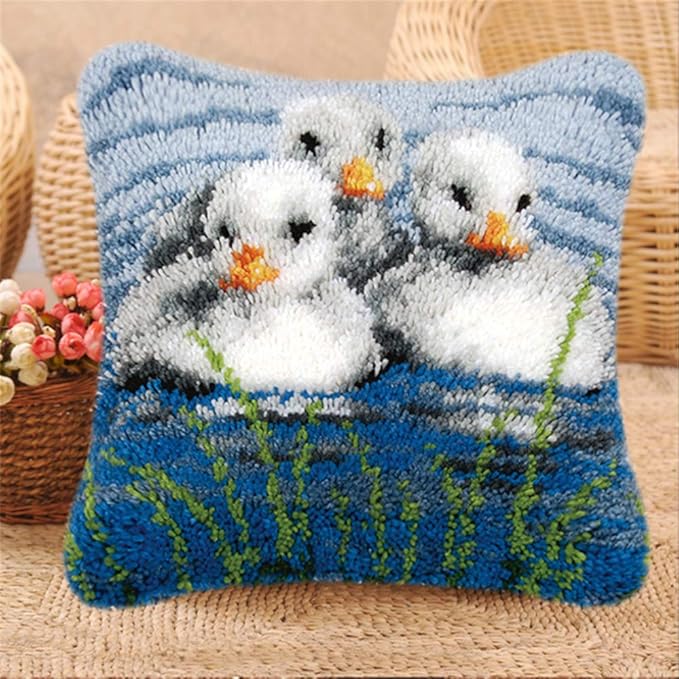 LAPATAIN Latch Hook Kits for DIY Throw Pillow Cover,Needlework Cushion Cover Hand Craft Crochet for Great Family 17X17inch Three Ducks(White)