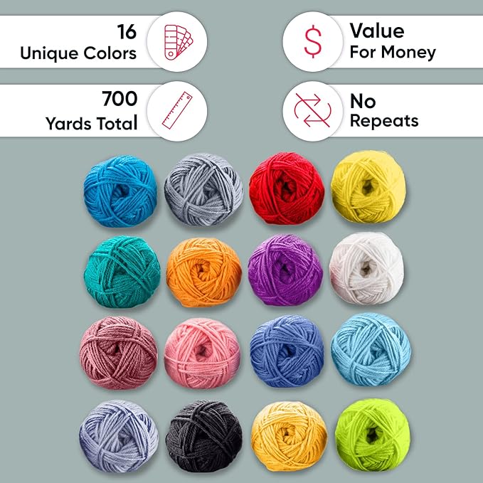 craftiss 16 of 20g/0.7oz acrylic yarn mini skeins - 700 yards of soft yarn for crocheting and knitting craft project, assorted starter crochet bulk kit for adults and kids