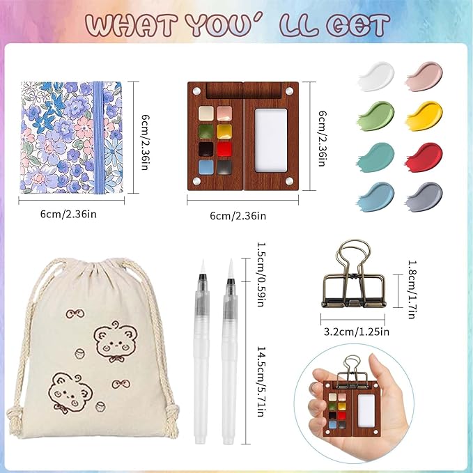 Mini Watercolor Paint Set – Travel Watercolor Set with 8 Color Palette, 300g Sketchbook, Water Brushes, Clip & Storage Bag, Pocket Size Portable Water Color Kit for Artists, Students & Beginners