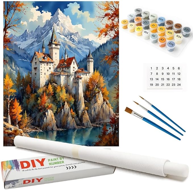 Fantasy Architecture Paint by Numbers Kit for Adults - DIY Castle in Autumn Mountains Painting on Rolled Canvas 16x20 Inches, Acrylic Paint Set for Beginners, Art for Home Decoration or Gifts