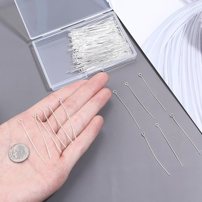 200 Pcs 50mm Straight Eye Pins for Craft Earring Bracelet Necklace Pendant DIY Jewelry Making, Silver Color