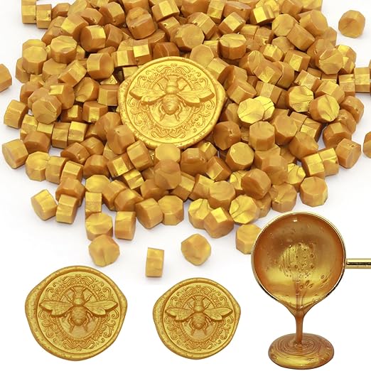 250pcs Wax Seal Beads Royal Gold, Andotopee Premium Sealing Wax Beads for Stamp Seals, Octagon Metallic Seal Stamp Pellets Refill Pack for Wedding Invitation, Letter Envelope, Scrapbook DIY Crafts