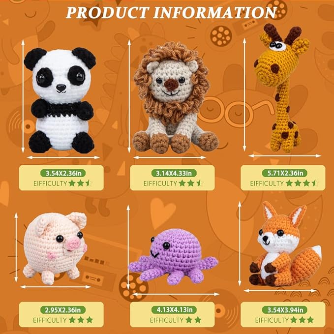 Crochet Animal Kit – 6 PCS Crochet Kit for Beginners, Knitting Kit with Step by Step Videos, Yarn, Crochet Hook, Knitting Kit for Beginners, Great Birthday Holiday Gift (Crochet 1)