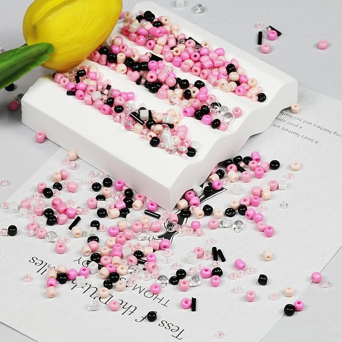 Bulk 4mm Pink & Black Seed Beads for Jewelry Making 110 Grams About 1600pcs,6/0 Glass Craft for Making Earrings, Bracelets, Pendants, Waist Jewelry, DIY Handmade Seed Beads(Pink & Black Mix)