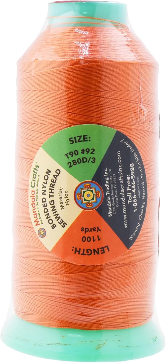 Mandala Crafts Size 92 280D T90 Bonded Nylon Thread - Orange 1100 YDs Tex 90 Heavy Duty Sewing Threads for Leather, Jeans, Weaving, Outdoor Marine Upholstery