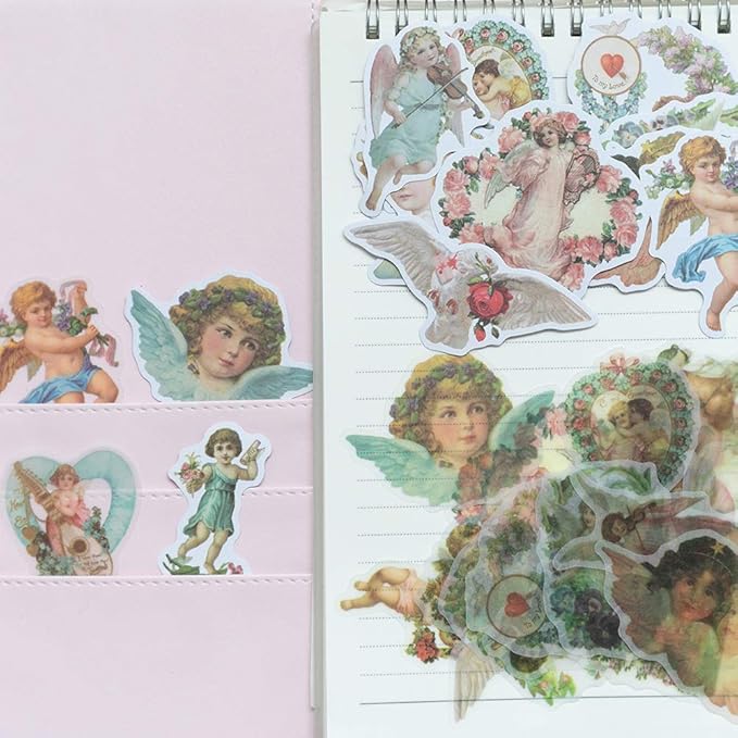 Alideco 80Pcs Vintage Vinyl Scrapbooking Stickers Packs,Kawaii Cute Angel Funny Aesthetic for Adult Girls Journaling Assorted Phone Adult Stickers