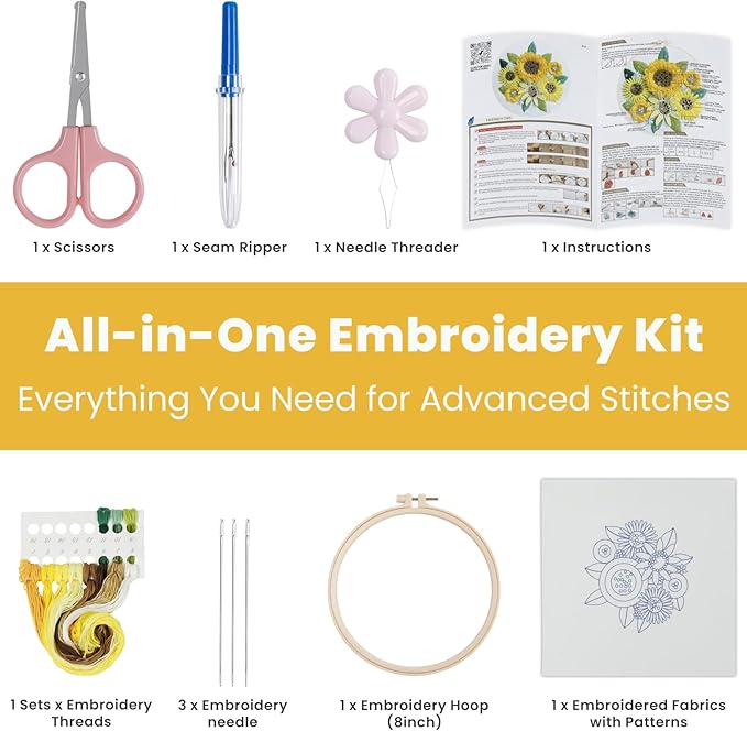 htvront 3d embroidery kit for beginners- sunflower embroidery kits with step-by-step video tutorials, 3d art finished with 5 stitches, beginner embroidery kit for adults for denim jackets, home decor