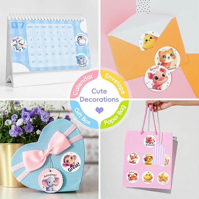 jixzen 1.5 inch animal stickers for kids, 3 rolls 1500 pcs cute stickers for toddlers 2-4 years, 24 designs farm/ocean/wild motivational sticker for potty training rewards, classroom teacher supplies