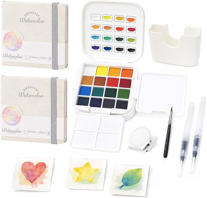 Mini Travel Watercolor Paint Set - Small Pocket Water Colors Paint Set with 16 Colors, Sketchbook, Brush, Clip, Portable Painting Art Kit for Adult, Beginners, Artists & Painting Enthusiasts