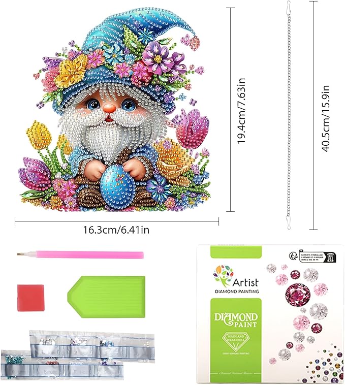 Lxmsja DIY Cute Cartoon Gnome Diamond Painting Hanging Ornament, Double-Sided Acrylic Easter Egg Diamond Art Kit, Special Shaped Suncatcher Hanging Pendant Window Art Kit