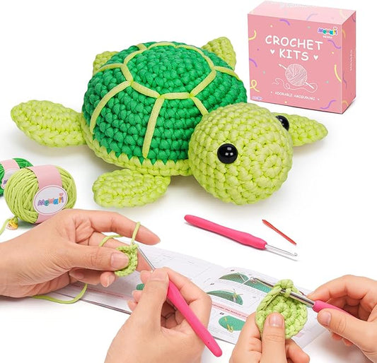 Mewaii Crochet Kit for Beginners Level 1 with 40% Extra Eco-Friendly Pre-Started Easy Yarn, Step-by-Step Video Tutorials for Adults and Kids (Green Sea Turtle)