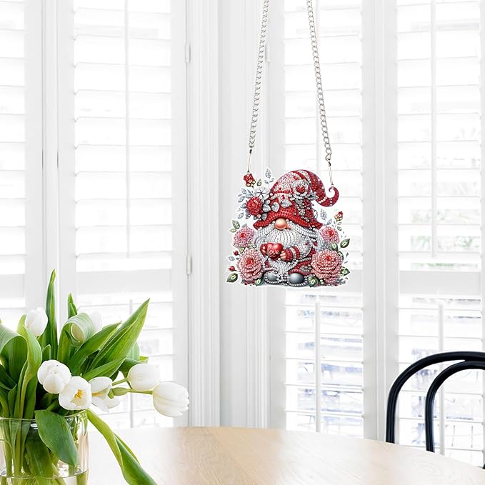 Rose Gnome Diamond Painting Hanging Kit, DIY 5D Acrylic Diamond Art Pendant with Special Shaped Rhinestones, Valentine’s Day Craft Ornament for Wall, Window, or Home Decor, Handmade Gift for Adults
