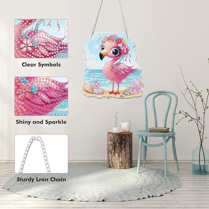 Miwixy Flamingo Hanging Diamond Art,Pink Flamingo Beach Special Shaped Crystal Christmas Diamond Painting Ornament Kit DIY Double-Sided Pattern Window Pendant Gem Art Kit for Home Wall Decor
