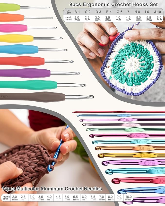 Aeelike Crochet Kit for Beginners Young and Old, First Crochet Kit for Adults Include 23pcs Crochet Hooks, 655 Yards Yarn Set for Crocheting, Instruction, Bag, Crochet Accessories and Supplies, Grey