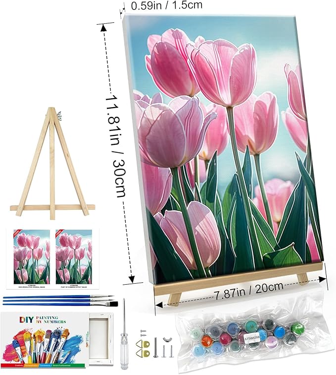 ATDMS Paint by Numbers Kit for Adults with Frame DIY Flowers Paint by Number with Easel Tulips Acrylic Oil Painting Kits for Wall Hanging Home Room Decor 7.87x11.81 Inch