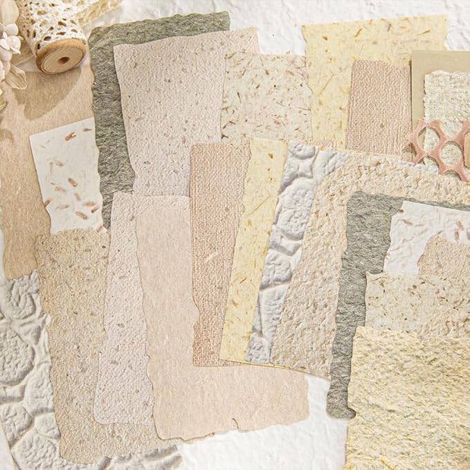 84 Sheets Small Textured Scrapbook Paper and 3D Embossed Collage Paper, Handmade Leaf Fiber Deckled Edge Paper for Junk Journal Supplies, Mixed Media, Card Making, DIY Craft Art