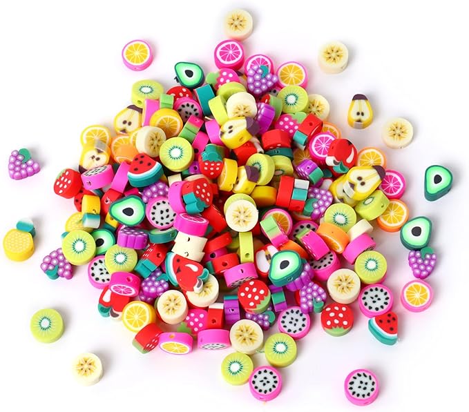 200PCS Colorful Fruit Polymer Clay Beads Kit - 10mm Mixed Fruit Spacer Beads for Jewelry Making DIY Bracelet Necklace