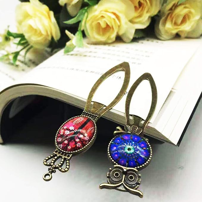 Allazone 14 PCS 7 Styles Antique Bronze Bookmark Pendant Tray Kit with 14 PCS Glass Dome Tiles Clear Cameo for Bookmark DIY Making, Reading Lovers, Necklace