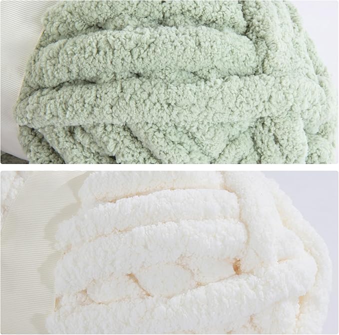 Mabozoo Assorted Chunky Yarn for Crocheting 8 Pack: Fluffy Chenille, Soft Plush, Giant Thick Fuzzy Yarn. 4 White & 4 Sage Green (31.7 yds, 8 oz Each Skein)