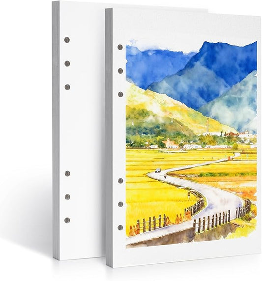 Lightwish Watercolor Paper Bulk, 100% Cotton Rough 300gsm/140lb, 2 Pack, Total 40 Sheets A5 Hole-Punched Replaceable Paper for Artists, Adults,Students,5.5 * 8.2 Inches