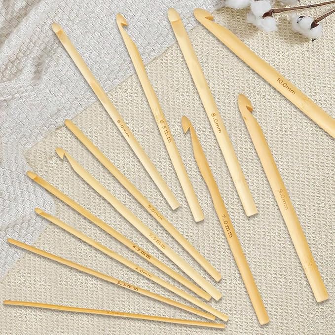 CALFOVERA 12PCS 5.9 Inch Single Point Bamboo Crochet Hooks Kit 12 Size Wooden Knitting Needles Bamboo Knitting Needles Set for Handmade DIY Making Sweater Yarn Projects(3 to 10mm)