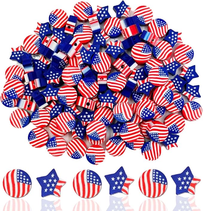 100Pcs America Flag Polymer Clay Loose Spacer Beads, Mixed Color Cute Beads Charms for DIY Hair Clip Necklace Bracelet Jewelry Earring Handmade Craft Making Supplie