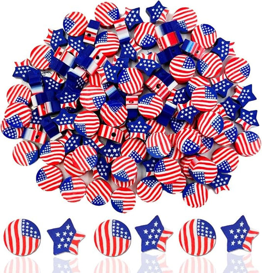 100Pcs America Flag Polymer Clay Loose Spacer Beads, Mixed Color Cute Beads Charms for DIY Hair Clip Necklace Bracelet Jewelry Earring Handmade Craft Making Supplie