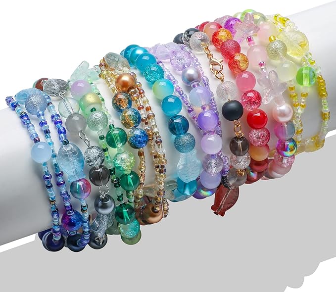 Rired 27 760pcs Assorted Crystal Bracelet Beads for Jewelry Making, 8 Types Glamour Blue Round Glass Beads with Star, Fish and Seed Beads for DIY Making