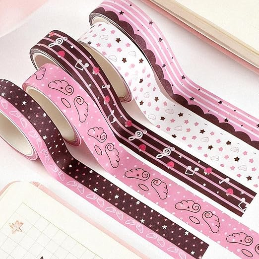 5Rolls Pink Strawberry Musical Note Glitter Washi Tape Set Decorative Star Masking Tapes Bulk Cute Washi Sticker for Journaling Kawaii Sparkling Scrapbook Tape Supplies for Craft Scrapbooking Journal