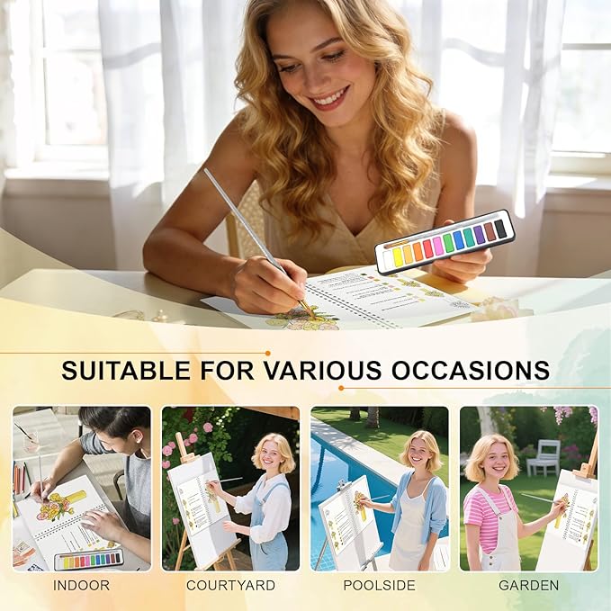 APOLYONE 2-Pack Beginner Watercolor Workbooks: 24 Coloring Pages + 12 Watercolor Paints + Brush – 300gsm/140lb Paper – Gift for Women, Adults & Beginners (Bouquet & Seaside)
