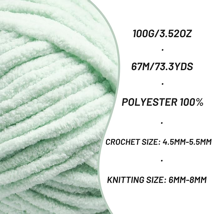 Chunky Chenille Yarn for Crocheting, Baby Yarn for Crocheting Soft Blankets, Bulky Yarns for Crochet Amigurumi, 100g (74.3yds) Fluffy Velvet Yarns for Hand Knitting (Baby Green)