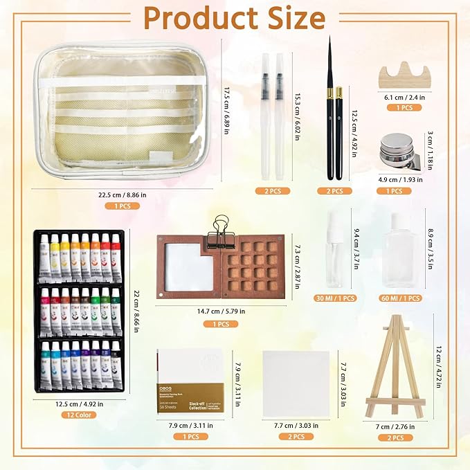 Mini Watercolor Travel Paint Set,34Pcs Artist Watercolor Palette Travel Set with Colors,Wooden Paint Box,Brush,Holder,Oil Cup,Plastic Bottles Storage Bag for Beginners Artists Student(15 Grids)