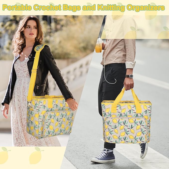 Yarn Storage Organizer Travel Crochet Bag, Large Capacity Tote Bag Knitting Bag for Carrying Projects, Knitting Needles, Crochet Hooks and Yarn, Fruit Yellow Lemon