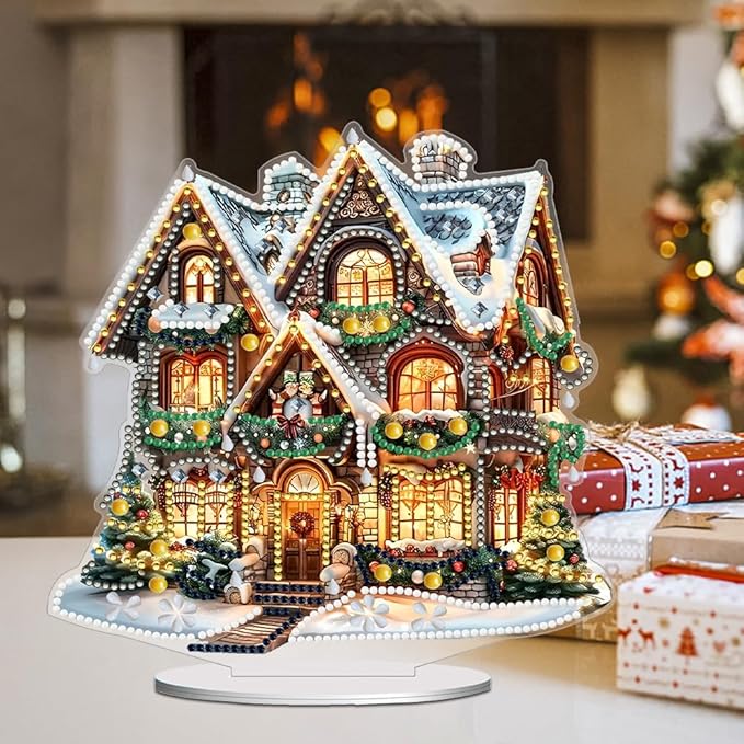 LAKEQUILL Christmas Diamond Art Painting Kits, Tabletop Ornament, Stand Up Diamond Art Desktop Kits House Pattern for Home Office Decor, New Year Gift