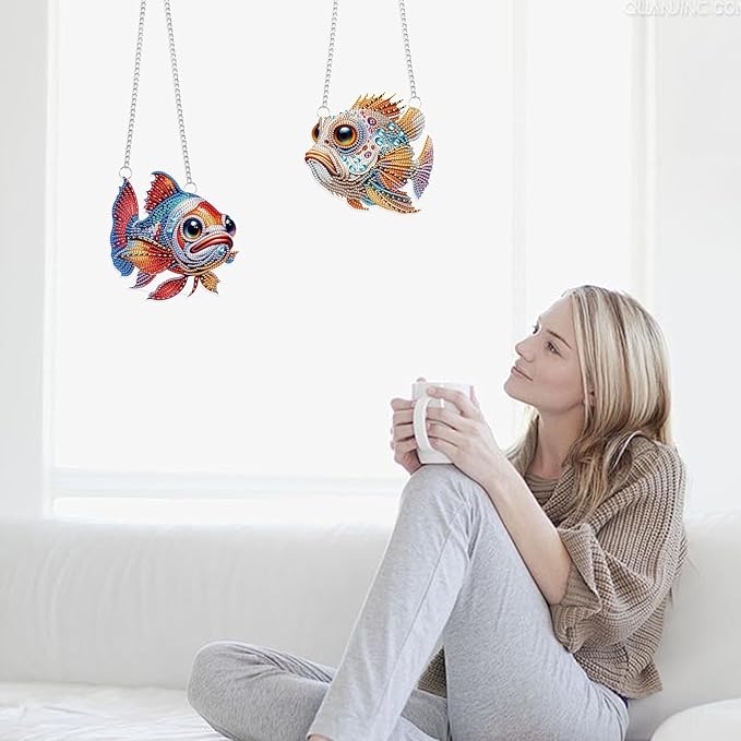 LazyFold 2PCS Diamond Art Hanging Pendant Kits for Adults, Colorful Fish DIY 5D Special Shape Diamond Art Painting Pendant Kits,Gem Art Suncatchers Painting Ornament for Home Garden Wall Decor Gift