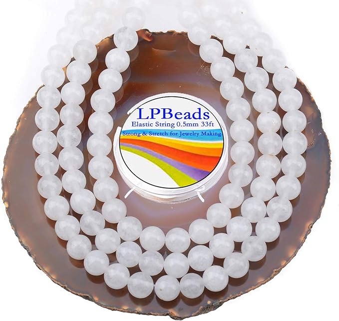 LPBeads 100pcs Polished 8mm Round Natural White Jade Gemstone Loose Beads with Stretch Cord for Jewelry Making Bracelets