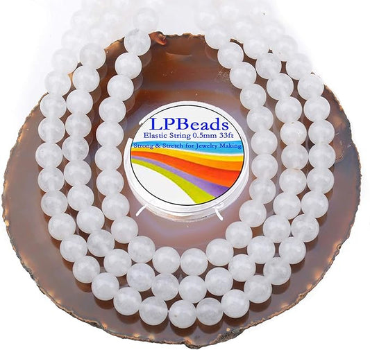 LPBeads 100pcs Polished 8mm Round Natural White Jade Gemstone Loose Beads with Stretch Cord for Jewelry Making Bracelets