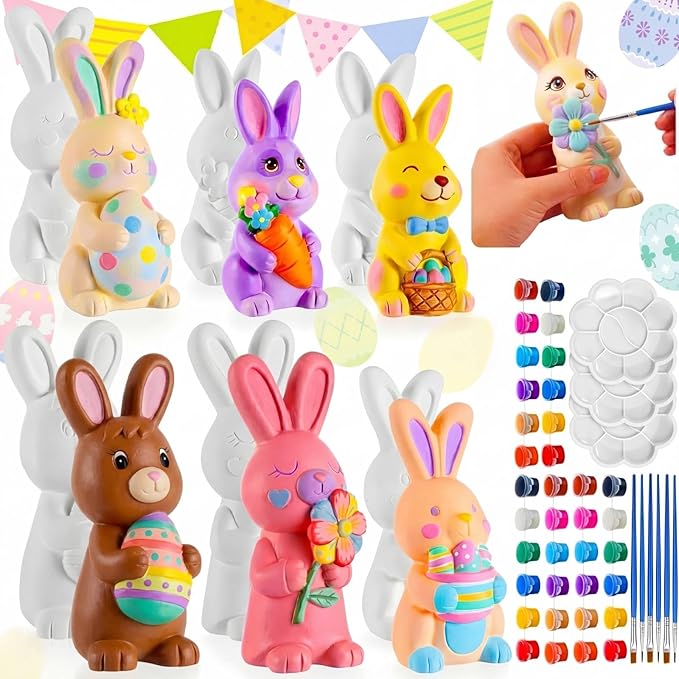Zubebe 6 Pcs Easter Ceramics to Paint Bunny Kits Ready to Paint Your Own Easter Bunny Figurines 5.1 Inch 3D Unpainted Blank Ceramics with Brush and Palette Rabbit Statues for Craft (Simple Style)