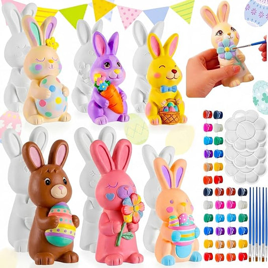 Zubebe 6 Pcs Easter Ceramics to Paint Bunny Kits Ready to Paint Your Own Easter Bunny Figurines 5.1 Inch 3D Unpainted Blank Ceramics with Brush and Palette Rabbit Statues for Craft (Simple Style)