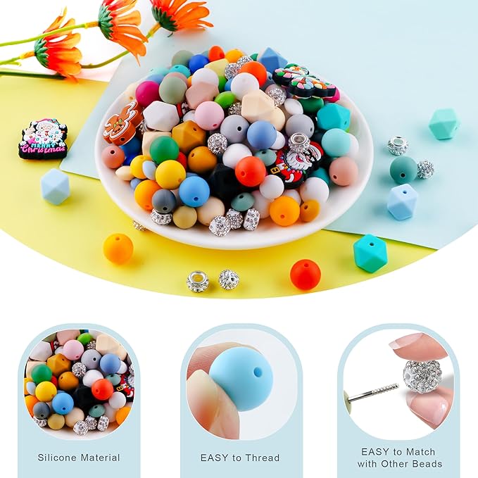 120Pcs Multicolor 12mm 15mm Silicone Beads for Keychain Making, 14mm Hexagon Beads Rhinestone Round Spacer 10mm for DIY Handicrafts(Deep)
