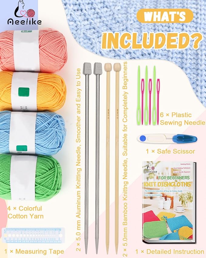 Aeelike Knitting Kit for Beginners, Complete Beginner Crochet Kit Easy Including Knitting Needles Set Cotton Yarn, Learn to Knit Dishcloth with Step-by-Step Instructions, Colorful