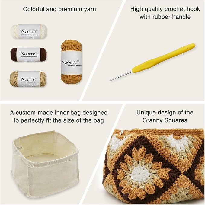 Noocro Crochet Kit Granny Square Shumai Bag, Purse, Complete DIY Kit, Detailed Instructions, Video Tutorials, for Beginners or Intermediate and Advanced Crocheters (Amber)