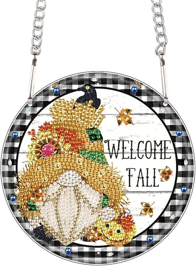 AiYuanzsh Welcome Fall Diamond Painting Hanging Kit, DIY Gnome Crystal Acrylic Pendant Ornament, 5D Diamond Art Hanging for Adults, Autumn Thanksgiving Wall, Window, Door Decoration