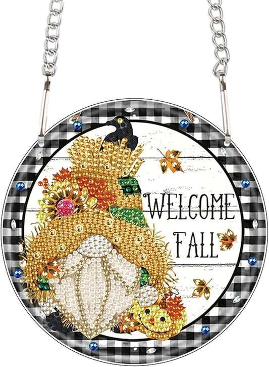 AiYuanzsh Welcome Fall Diamond Painting Hanging Kit, DIY Gnome Crystal Acrylic Pendant Ornament, 5D Diamond Art Hanging for Adults, Autumn Thanksgiving Wall, Window, Door Decoration