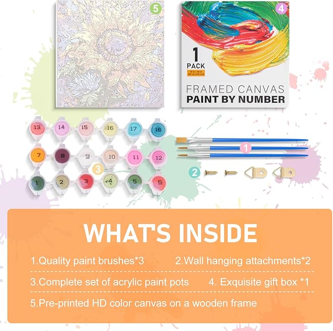 Framed Paint by Numbers Kit for Adults Beginners & Kids Ages 8-12, Sunflower Acrylic Easy Paint by Number with Frame, Watercolor Paint by Number Kits on Canvas Framed (10 * 10 Inch, without Easel)