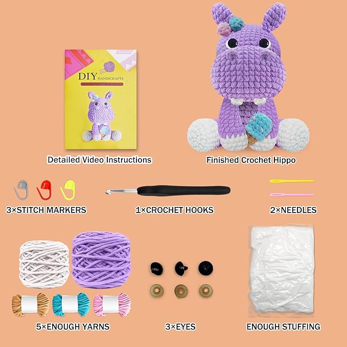 codgp crochet kit for beginners,11.8in crochet animal kit hippo,crochet starter kit gift for adults kids with yarn sets,amigurumi crochet kit with step-by-step video tutorials