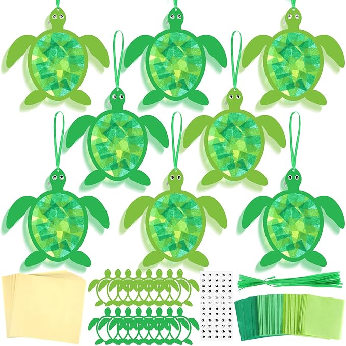 30 Pcs Sea Turtle Suncatchers Paper Craft Set Ocean Tortoise DIY Stained Glass Effect Tissue Paper Kits Gift Bulk for Summer Activities Art Party Decor