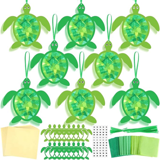 30 Pcs Sea Turtle Suncatchers Paper Craft Set Ocean Tortoise DIY Stained Glass Effect Tissue Paper Kits Gift Bulk for Summer Activities Art Party Decor